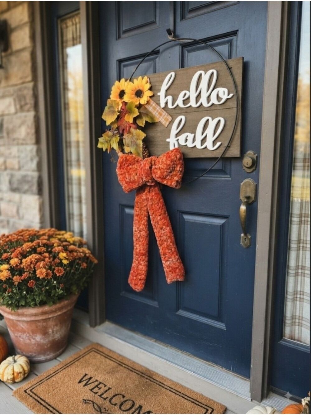 Hello Fall Crochet Chenille Bow Autumn Wreath Door Decor